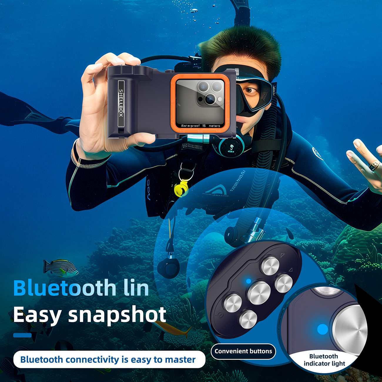 SHELLBOX is a 15 meter waterproof diving protective case for the 3rd generation Pro version of mobile phone diving cases