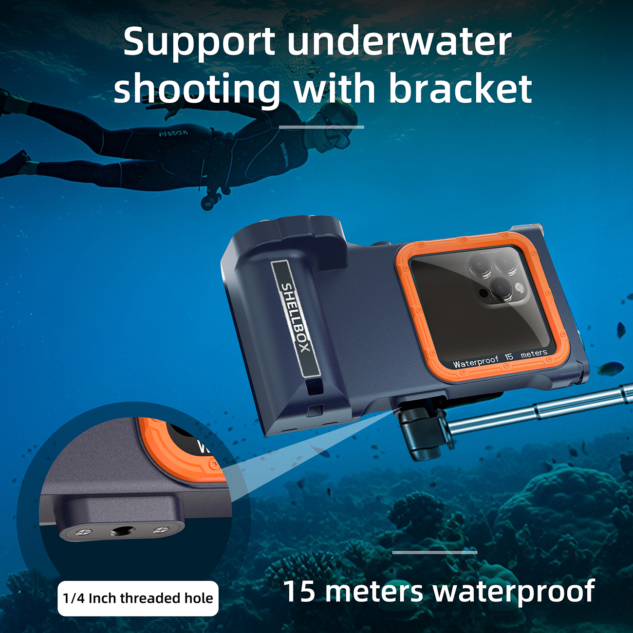 SHELLBOX is a 15 meter waterproof diving protective case for the 3rd generation Pro version of mobile phone diving cases