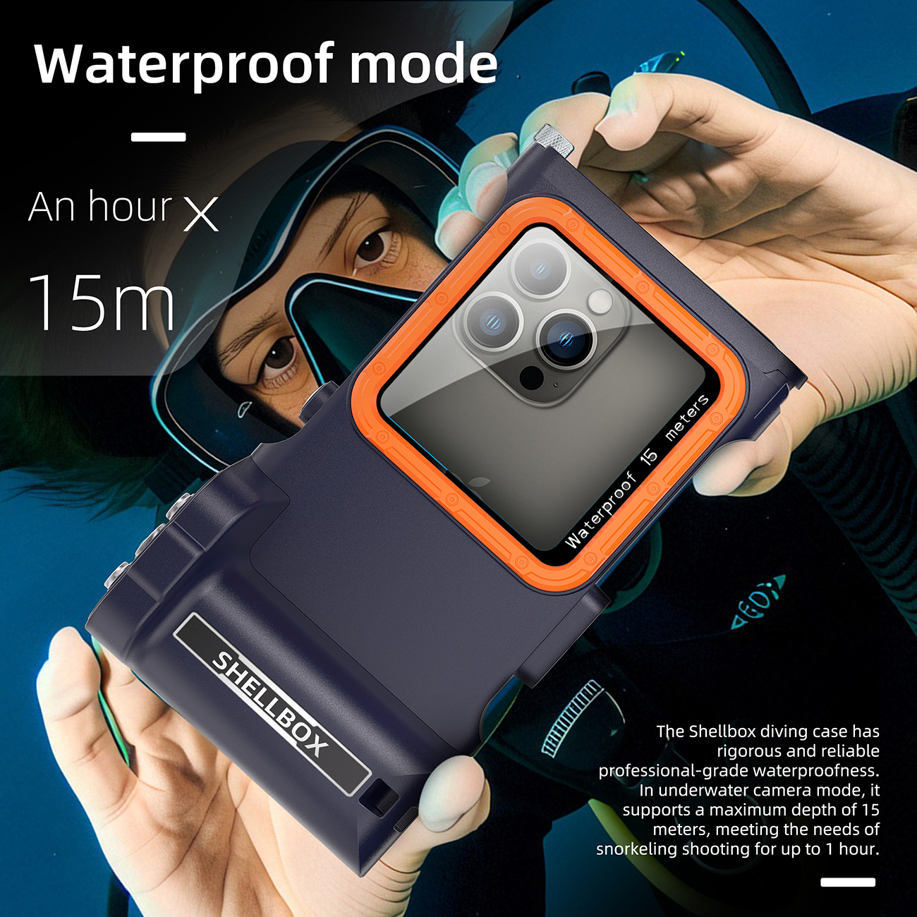 SHELLBOX is a 15 meter waterproof diving protective case for the 3rd generation Pro version of mobile phone diving cases